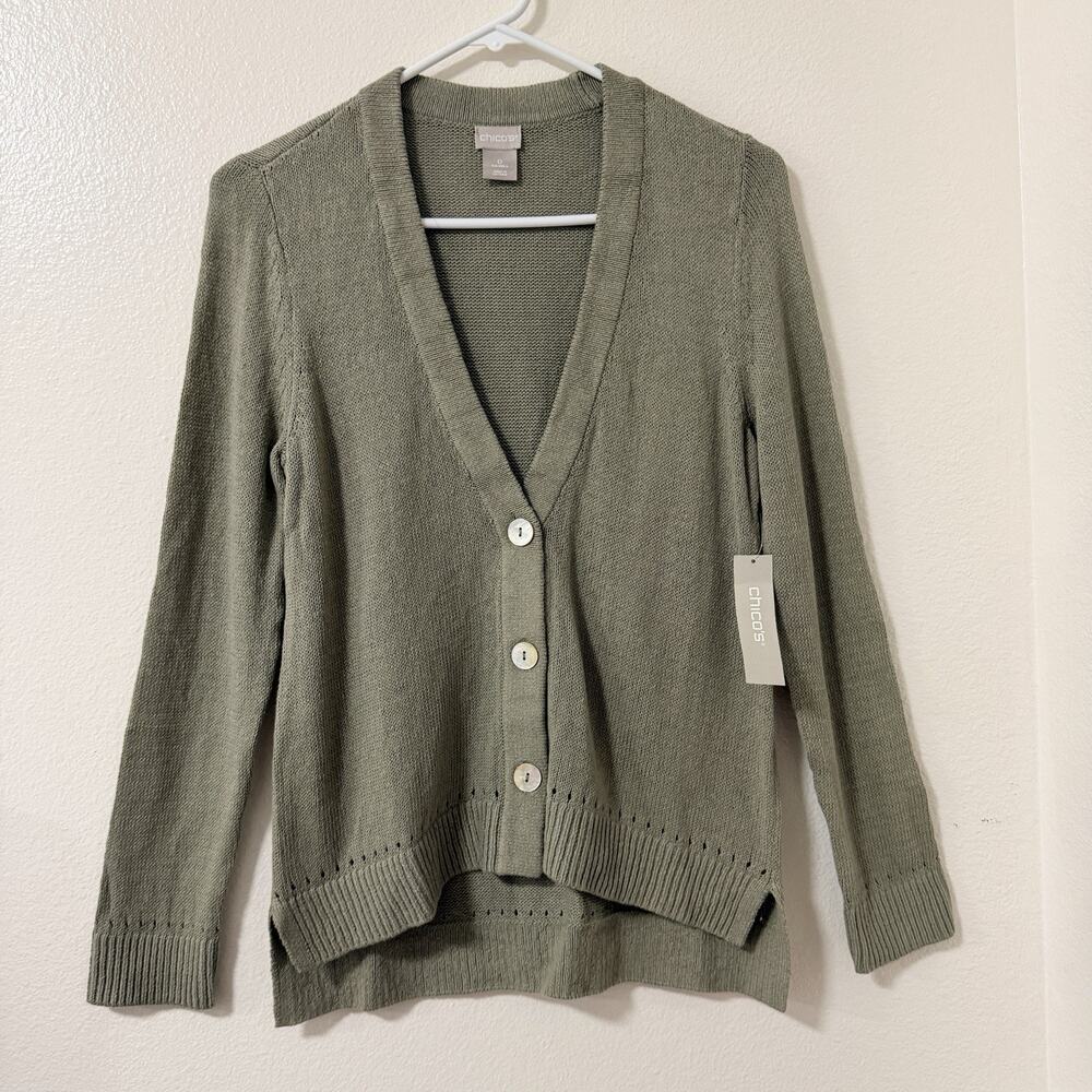 Chico’s Sage Green Linen Blend Cardigan Sweater Sz 0 Small Fall Spring Top $89
